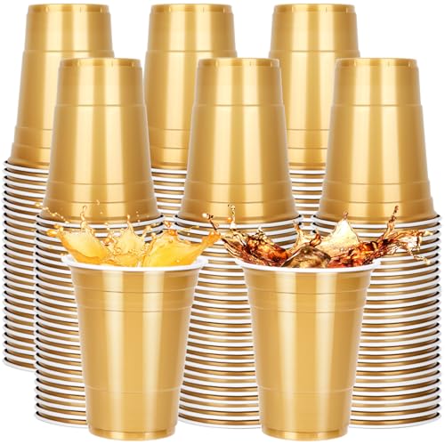 Etersky 100 Pack Gold Plastic Cups 12oz Disposable Party Beer Cups Bulk Heavy Duty Cold Drink Cups for Celebration Cocktail Soda Juice Picnic