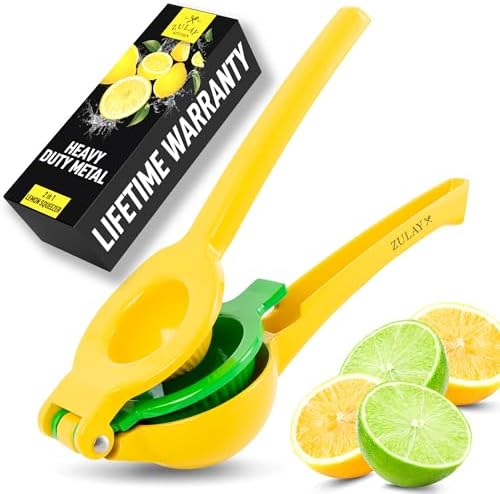 Zulay Kitchen Metal 2-in-1 Lemon Squeezer - Sturdy Max Extraction Hand Juicer Lemon Squeezer Gets Every Last Drop - Easy to Clean Manual Citrus Juicer - Easy-Use Lemon Juicer Squeezer - Yellow/Green