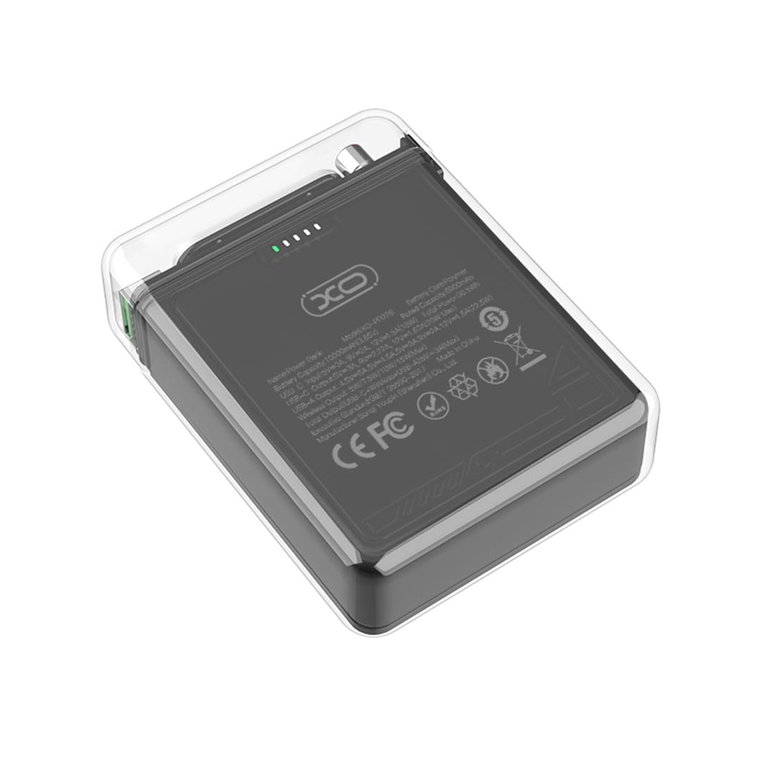 XO PR226 power bank con torcia, 10000 mAh power bank compatibile con MagSafe, 20 W PD + 22,5 W ricarica rapida USB, ricarica wireless da 15 W, trasparente (nero)