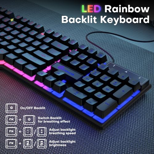 GEODMAER 104 Keys Gaming Keyboard, Full Size LED Backlit Wired Keyboard with Multimedia Keys, Anti-Ghosting, Spill-Resistant Membrane Gaming Keyboard for PC Laptop - Image 5