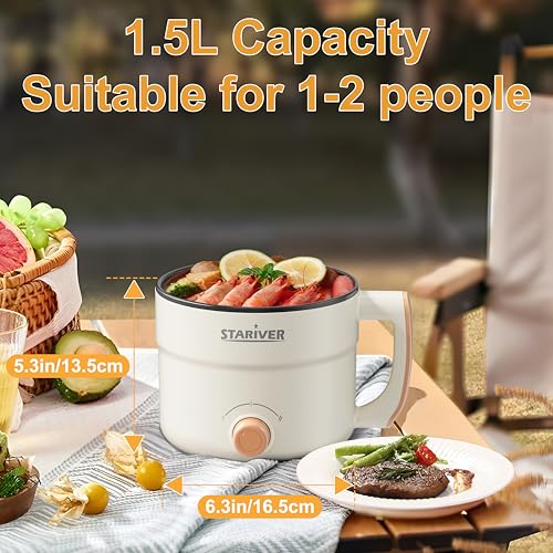 Stariver 1.5L Electric Hot Pot with Dual Power - Mini Portable Non-Stick Noodle Cooker for Ramen, Soup, Pasta, Egg, Oatmeal - Overheat & Boil-Dry Protection - Ideal for Dorm, Office, Travel Gift - Image 6