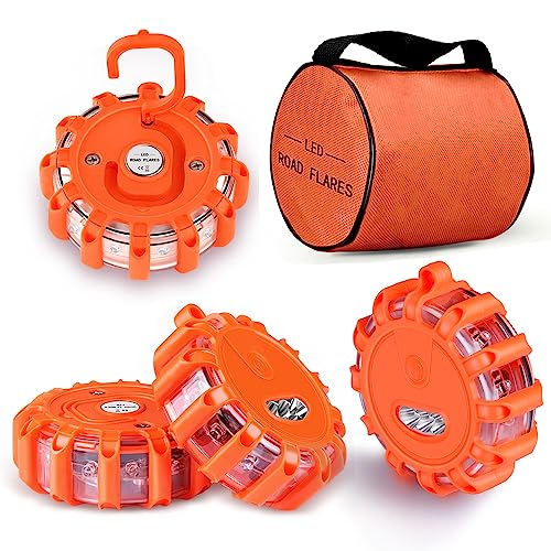 4 Pack LED Road Flares Emergency Lights, 9 Glow Modes Roadside Emergency Warning Car Safety Beacon Flashing Disc Flare Kit with Magnetic Base & Hook for Vehicles,Cars,Truck,Boat(NO Battery Included)