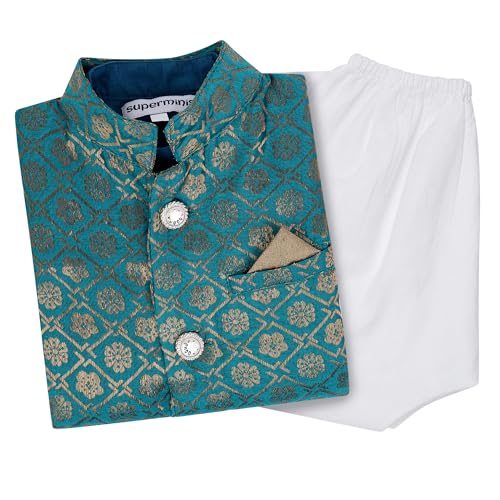 Image of Superminis Boy's Cottton Kurta Cotton Brocade Printed With Golden Thread Work Nehru Jacket and Elastic Closure Pyjama Set