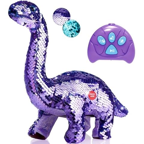 Koonie Dinosaur Toys for Girls, 2 Year Old Girl Toys, Purple Dinosaur Remote Control Reversible Sequins Dinosaur Toy Can Repeat Walk Roar Sing, Christmas Birthday Gifts for 2-7 Years Old Kids Toddler Cover