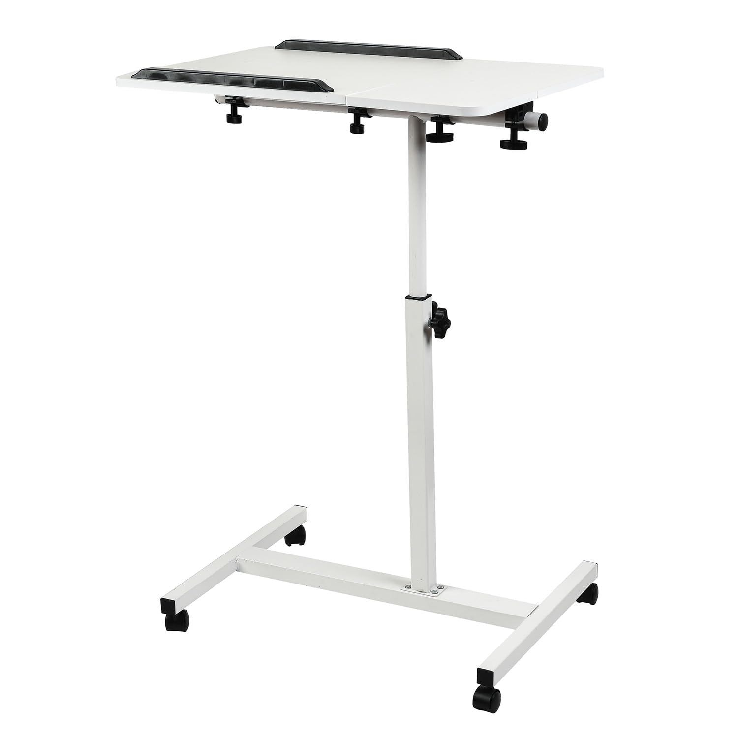 Maclean Mesa Portátil | Altura Ajustable de 59 a 89 cm | Tablero Doble Inclinable hasta 90° | Ruedas con Freno | Capacidad de Carga hasta 30 kg | Mesa Ergonómica para Ordenador (Blanco)