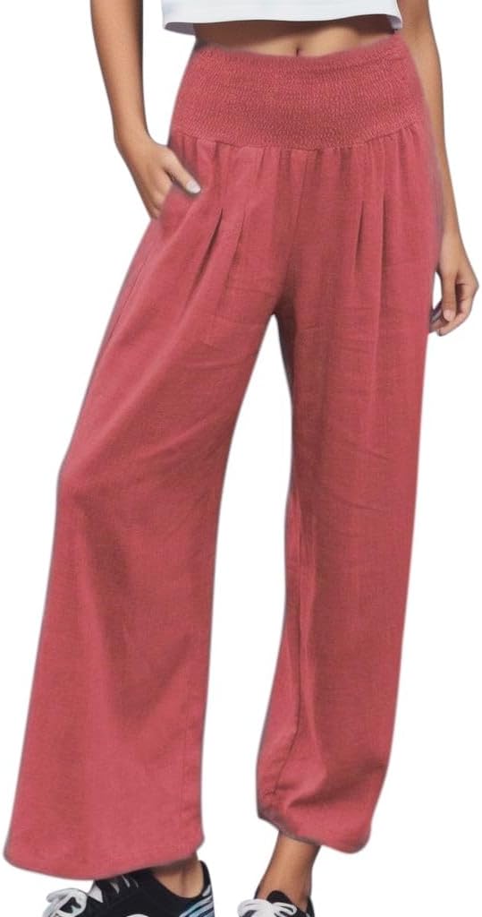 SHAOBGE Women Linen Palazzo Pants Summer Boho Wide Leg High Waist Casual Lounge Pant Trousers with Pockets