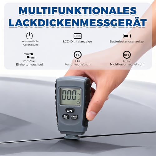 CYTGOUPER Lackmessgerät Auto, Lackdickenmessgerät für Auto, Lackschichtdickenmessgerät KFZ mit LCD-Display und Datenspeicher für 0-1,25mm nichtmetallische Beschichtungen auf Metall