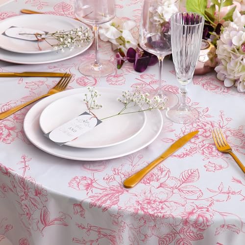 Image of Ganeen 6 Pcs Pink Floral Plastic Tablecloth 84 Inch Round Vintage Floral Tablecloth Disposable Round Flower Waterproof Table Covers for Birthday Wedding Baby Shower Picnic Dinner Party Decoration