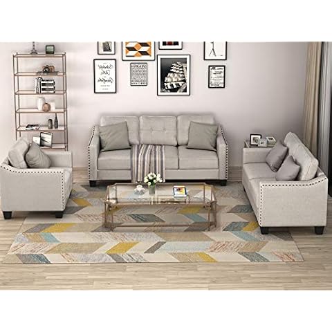 YUNLife 3-Piece Linen Fabric Upholstered Living Room Sectional Sofa Set, Modern Style Button Tufted Couch Including 3-Seater, Loveseat and Armchair for Living Room, Office, Studio Furniture Sets Cover