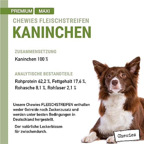 Chewies Fleischstreifen Maxi Hundeleckerli aus 100% Kaninchenfleisch - 150 g - luftgetrocknete Kaninchen Kaustreifen für Hunde - zuckerfrei & getreidefrei - Dörrfleisch vom Kaninchen (Packung mit 2)