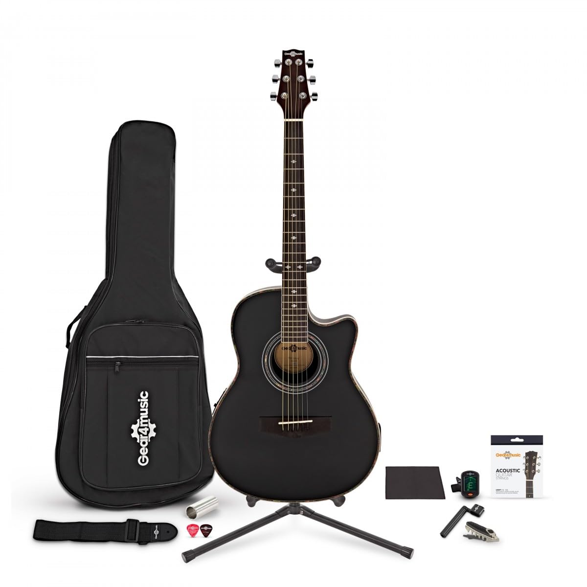 Pacchetto Completo con Chitarra Acustica Roundback di Gear4music Nero | Design Roundback Nero, Pickup e Accordatore K-2T Integrati, Corpo ABS Resistente al Feedback, Pacchetto Completo
