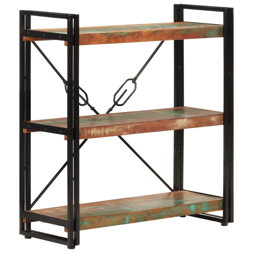 Librería con 3 compartimentos de madera maciza reciclada y hierro en estilo industrial y diseño retro, estantería de madera envejecida de 77 x 30 x 80 cm con 3 estantes y marco de acero con