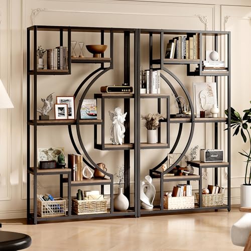 70.8' Tall Bookshelf Set of 2, 79' Wide Geometric Display Shelf with 18 Open Storage Shelves, Scratch-Resistant Gray Wash & Metal Frame, for Living Room, Office, Bedroom - Anti-Tip & Adjustable Feet