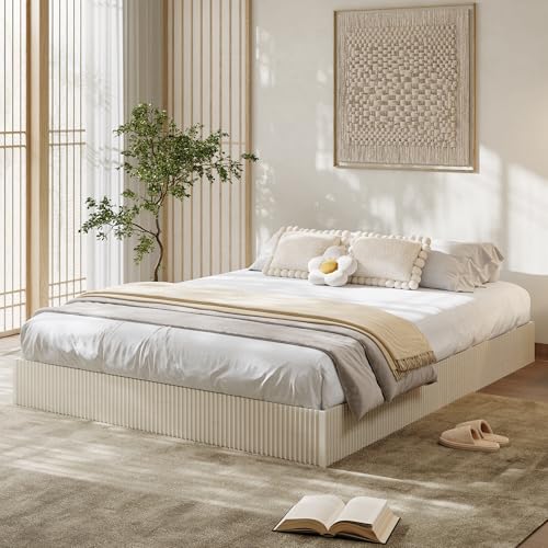 Image of GarveeHome Full Size Bed Frame, Wood Platform Bed, Fluted Bed Frame, Minimalist Bed Base with Low Profile Design, Noise-Free, Easy Assembly, No Box Spring Needed, Cream White
