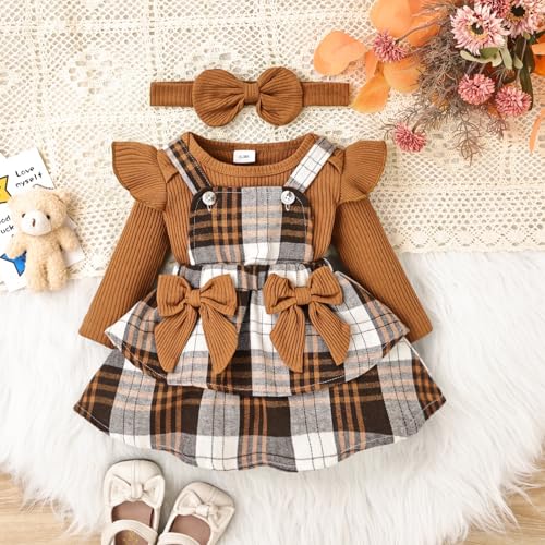 Baby Girl Clothes Fall Winter Outfit Long Sleeve Ruffle Romper Plaid Skirt Bow Headband 3 Pcs Set 0-18 Months2