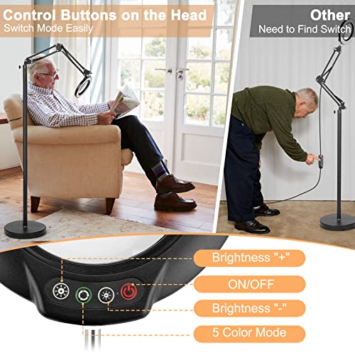 5X Magnifying Glass With Light And Stand, Drdefi 3-In-1 Adjustable Swing Arm Magnifying Floor Lamp, 5 Color Modes Stepless Dimmable Led Lighted Magnifier Lamp With Clamp For Craft Reading Close Works #TOP1