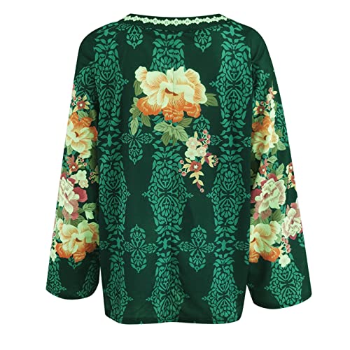 Women's Boho Print Long Sleeve Round Neck Button Casual Shirt Blouse Tops Female Tops Shirt Blouse Green #TOP3