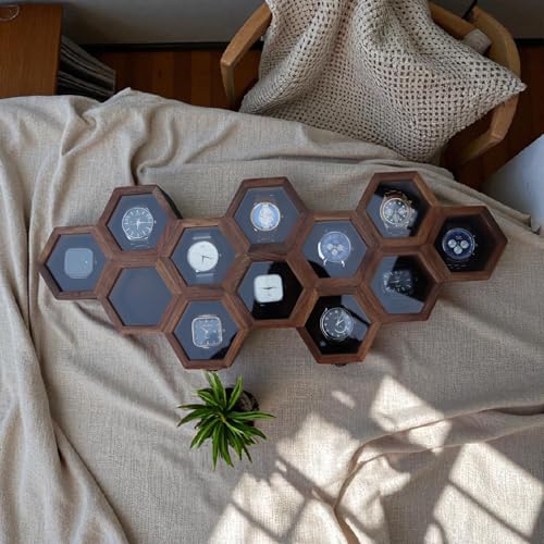 Image of Vintage Wooden Watch Box for Men, Timepiece Display Case, Honeycomb Watch Storage & Organizer, Jewlery Box for Women, Anniversary Gift For Husband (12 Compartments)