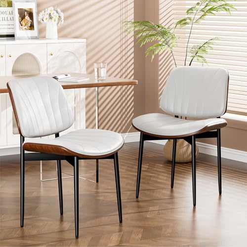 YaFiti Dining Chairs Set of 2, FSC Certified Mid Century Modern Accent Dining Room and Kitchen Chairs, Upholstered PU Leather Shell Chairs for Vanity with Walnut Bentwood and Metal Legs, White