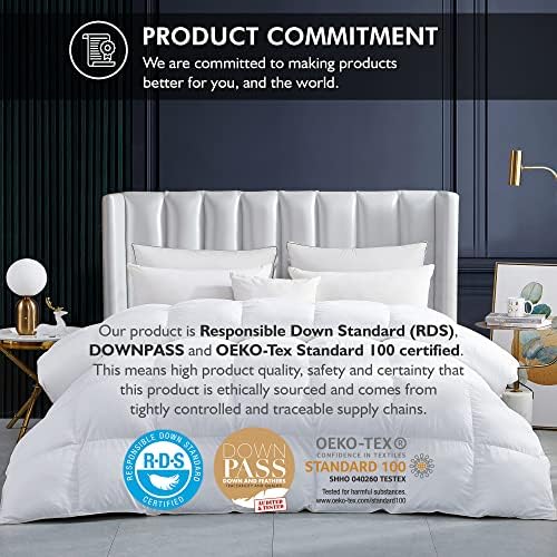 Luxurious White Solid Heavy Weight, Queen Size Goose Feathers Down Comforter for Winter Weather Duvet Insert, Premium Baffle Box, 100% Egyptian Cotton Cover, 65 oz. Fill Weight - Thumbnail 3