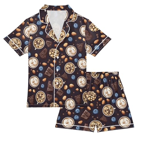 Coffee Blueberry Chocolate Print Summer Pajamas Set Soft Satin Pjs Sets 2 Piece Short Sleeve Sleepwear Casual Clothes