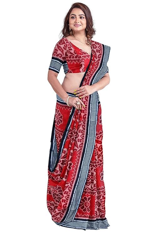 Image of Ikat Women's Cotton Saree, Handmade Pure Cotton Khandua Saree, Ikkat Orissa Traditional Handloom Saree without Blouse