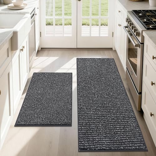 JSEI Kitchen Rugs and Mats, 2PCS Non-Slip Kitchen Mats for Floor, Machine Washable Absorbent and Stain Resistant Kitchen Runner, Carpet Mats with TPR Backing for, 20''x32''+20''x48'', Charcoal