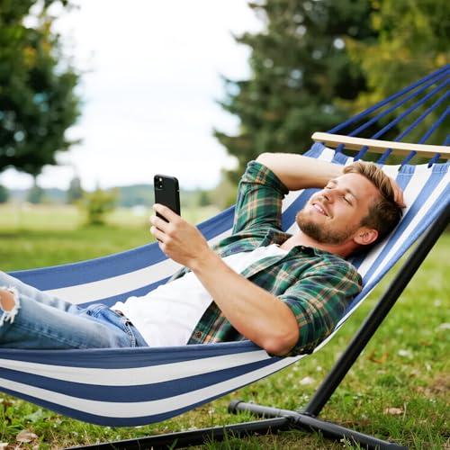 Image of MOSFiATA Hammocks Portable Camping Hammock Upgraded 550lb Comfortable Fabric Hammock with Two Anti Roll Balance Beam and Sturdy Metal Knot Tree Straps for Camping, Patio, Backyard, Outdoor(Blue White)