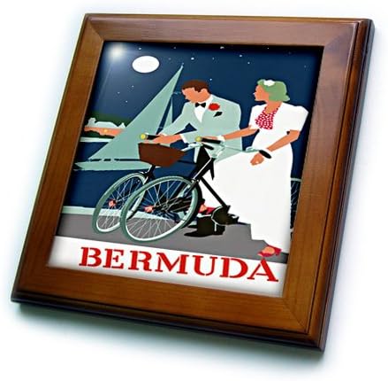 3dRose ft_163574_1 Image of Couple on Bikes in Bermuda Art Deco Style Framed Tile, 8 by 8"