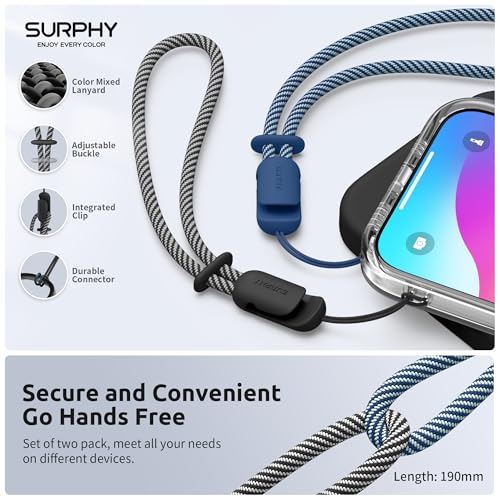 Image of SURPHY 2 Pack Phone Lanyard, Phone Wrist Strap for Case, Camera Wrist Strap | Ultra-Light 2-Color Braided Phone Strap, Cellphone Charm Strap, Anti-Lost Wrist Lanyard for Women and Men, Black Blue Jay