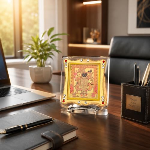 Image of Shrinath Ji Krishna Golden Foil Idol, Car Dashboard Idol Frame & Home Temple Religious Photo Frame | Hindu God Statue for Pooja, Office & Spiritual Gift Item