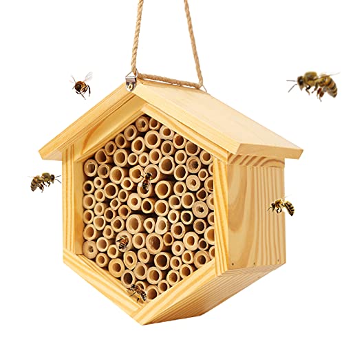 Mason Bee House Native Bee Hive Hexagon Bee House Natural Handmade Wooden Mason Bee Box Habitat Home Hotel with Bamboo Tubes - Attracts Peaceful Bee Pollinators to Enhance Your Garden's Productivity