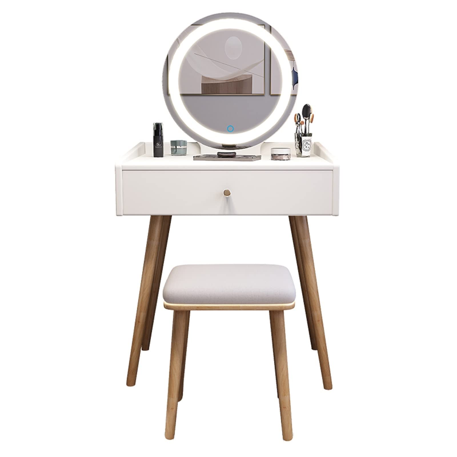 Specchio da trucco illuminato con tavolo da trucco con porta scorrevole, sgabello 1 cassetto, per camera da letto, tavolino da toeletta bianco per gli amanti del trucco, design salvaspazio, estetica