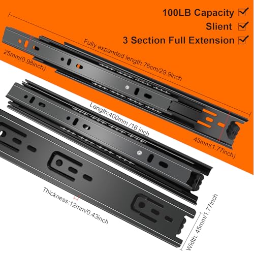 16 inch Drawer Slides 4 Pairs (8pcs) 3 fold Full Extension Side Mount Cabinet Drawer Glides 16\" Black Cabinet Rails for Dresser, Cabinet, Kitchen,Trash Can, Wardrobe 100 LB Capacity