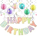 Pastel Birthday Decorations Kit - 17-Piece Set with Pre-Strung Happy Birthday Banner, Honeycomb Balls, Garland & Swirls | Macaron Theme Party Supplies for Women Girls Kids, Teens Adults