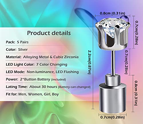 5 Pairs LED Earrings, IC ICLOVER Color Changing Light Up Earring Diamond Crown Studs, Wedding Rave Dance Party Flashing Blinking Colorful Glowing Halloween Christmas Decoration Present for Men Women3