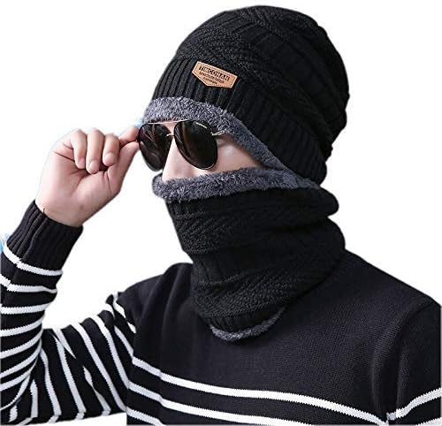 Kingsmen Line Snow Proof Inside Fur Wool Unisex Beanie Cap with Neck Warmer Set Knit Hat Thick Fleece Lined Winter Hat for Men & Women- Color Black