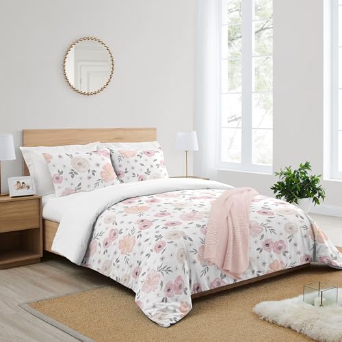 Image of Sweet Jojo Designs 3-Piece Queen Comforter Set (Pink /Grey Boho Floral) for Girls, Kids, Teen, Adult Bed Room incl. Full Size Bedding Sets & Sham (Watercolor, Flower, Elegant Rose, Farmhouse, Nature)