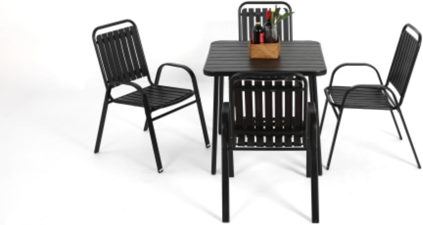 5-Piece Plastic Chair and Steel Outdoor Dining Table Set for Garden Patio, Black
