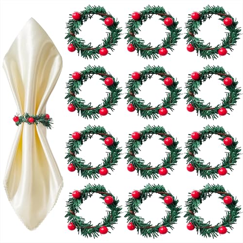 Servilleteros de Navidad Servilletero Guirnalda de Navidad Anillos de Servilleta con Bayas Rojas para Decoraciones de Mesa Fiesta Cena Año Nuevo 12 Piezas