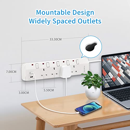 PARTH 3m Extension Lead with USB Slots Surge Protected - 3 Meter Extra Long Cords Extension Cable 4 Way Socket Surge Protection - Wall Mounted UK Plug - Multi Plugs Power Strip with Switches - Image 2