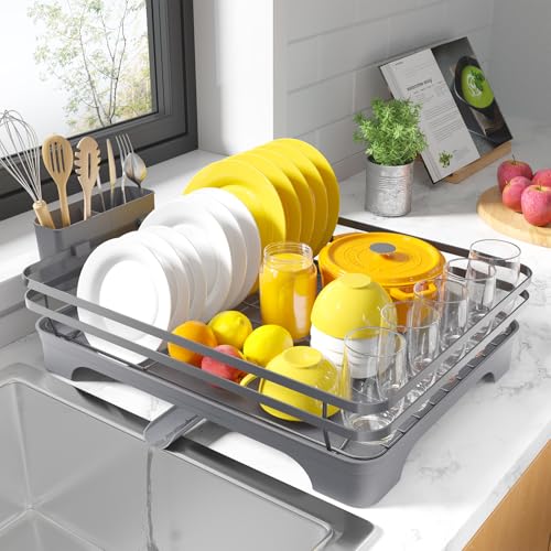 Kitsure Abtropfgestell Geschirr Geschirrgestell für die Küchentheke mit Besteckhalter, rostfreie Aufbewahrungslösung, Abtropfgestell mit drehbarem Halter, 46,5 cm x 30,5 cm x 14,0 cm, Grau
