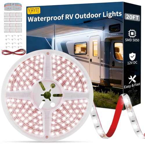 YAYIT RV Awning Lights 12V 20FT LED Camper Awning Lights for Outside Camper Motorhome Travel Trailer Waterproof RV Exterior Canopy Strip Lights 5000K Underglow