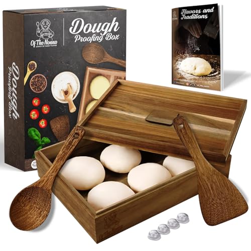Of The Nonna Wooden Pizza Dough Proofing Box | Made from Natural Acacia Wood | Includes Pizza Sauce Spoon, Dough Spatula & Grandma's Recipe Book | Perfect for Home Kitchen & Artisan