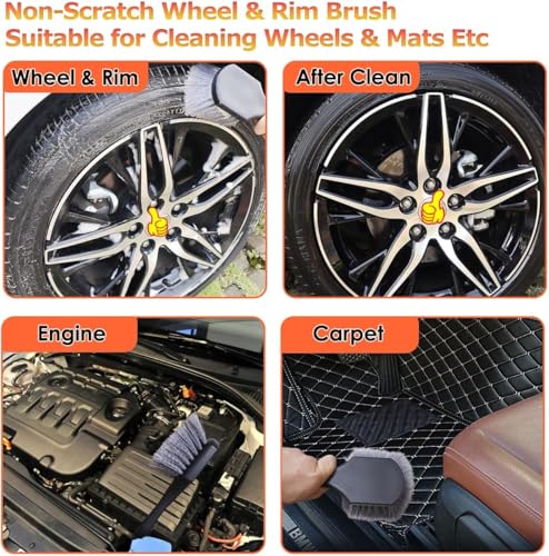 Image of Wheel & Tire Brush for Car Rim, Soft Bristle Car Wash Brush, Cleans Tires & Releases Dirt and Road Grime, Short Handle for Easy Scrubbing Black