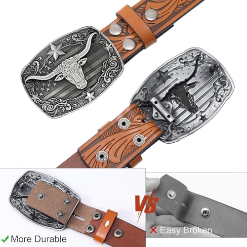 Image of SANSTHS Western Cowboy Belts for Men Women, Mens Western Belt Bull Buckle Country Belt Cowboy Leather Belt for Jeans