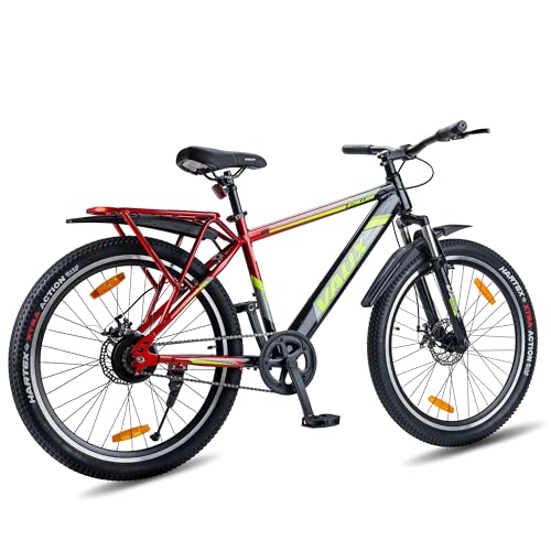 Image of Vaux Stallion-Pro 26T Cycle for Men with Integrated Carrier IBC| 17 inch Steel Frame| Dual-Tone Colors| Dual Disc Brakes| 26 X 2.4 Nylon Tyres| 80mm Front Suspension| Double Wall Alloy Rims(Red-Black)