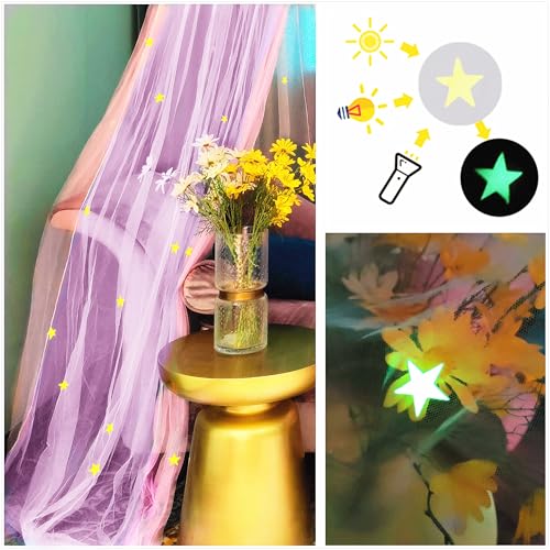 Image of Two-Tone Bed Canopy Mosquito Net, Bed Canopy for Girls Room Decor - Insect Protection Hanging Canopy for Indoor(Pink+Purple,Stars Glow in the Dark)