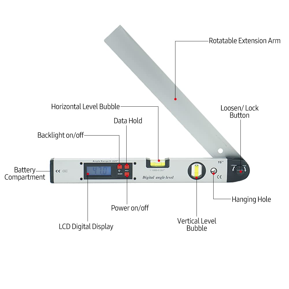 Livella angolare digitale da 16 pollici e goniometro elettrico con display LCD retroilluminato, campo di misurazione da 0 a 225 gradi, regolazione a gradini di 0,1 gradi,