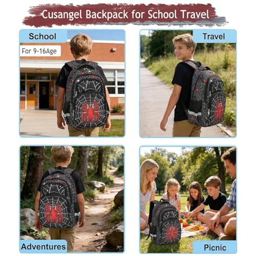 Image of Cusangel kids Backpack for School Boys Girls 8-12ages,16in Bookbag Stitch,durable Water Resistant,7 Pockets, Adjustable Chest Strap,Large For Travel,Gifts (Red Spider-17in)